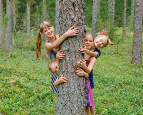 Vier Kinder die sich im Wald hinter einem Baum verstecken.